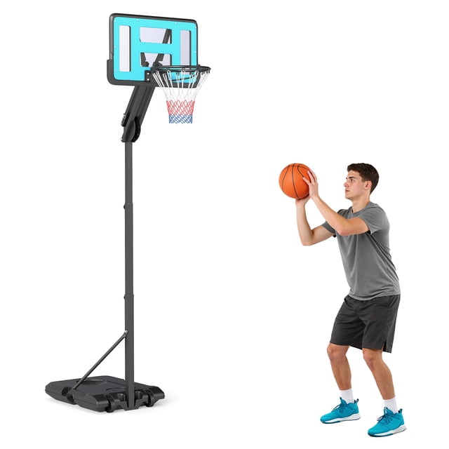 Soozier Basketball Hoop and Stand with Weighted Base in black, featuring an adjustable height range of 57.5 to 92.9 inches (146-236 cm). The hoop includes a shatterproof backboard measuring 28 inches wide by 17.7 inches high (71 x 45 cm) and a 15.4-inch (39 cm) diameter hoop. The base can be filled with 66 lbs (30 kg) of water or 77 lbs (35 kg) of sand for stability and has wheels for portability. A person is shown preparing to shoot a basketball.