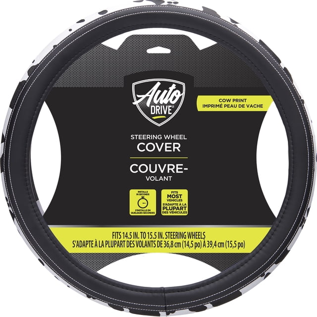 Auto Drive Black-White Cow Print Steering Wheel Cover