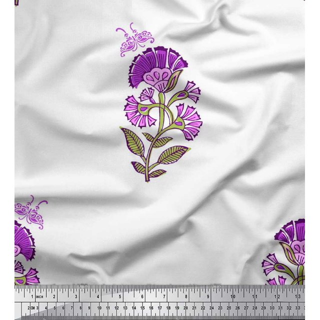 Soimoi Purple Polyester Crepe Fabric Insect,Leaves & Floral Block Print Fabric by The Yard 52 Inch Wide