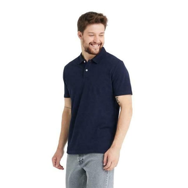 Men's Polo Performance Quick Dry Soft 2-Button Solid Short Sleeve Cotton T-Shirt (L, Navy)