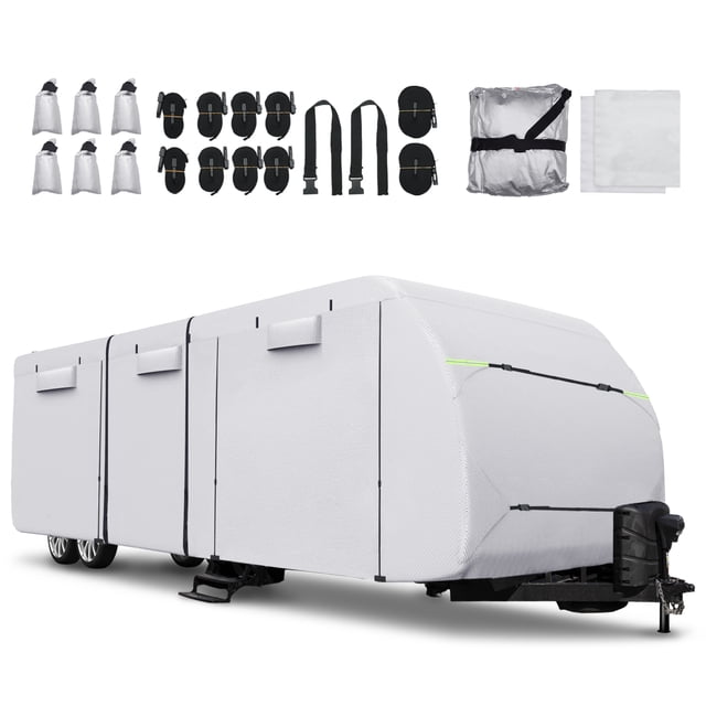 Unique Bargains 1 Set Waterproof RV Trailer Cover Fits 20'-22' with Extra Windproof Ropes and Gutter Covers Silver Tone