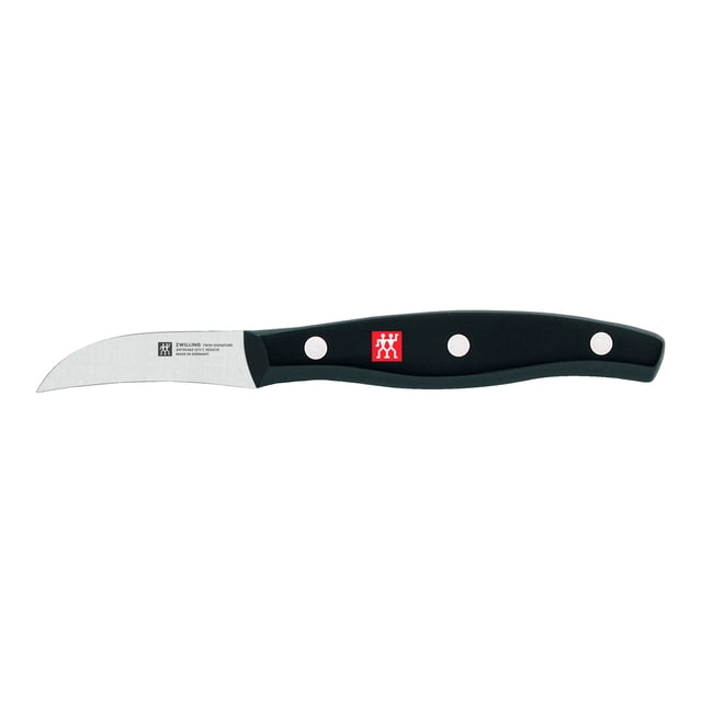 ZWILLING TWIN Signature 2.5 inch Peeling Knife featuring a precision-stamped blade made from German high-carbon NO STAIN steel. The ice-hardened FRIODUR blade offers superior sharpness, resilience, and edge retention. The ergonomic black polymer handle with a three-rivet design is embedded with the ZWILLING J.A. Henckels logo for durability and comfort. Ideal for peeling and intricate cutting tasks.