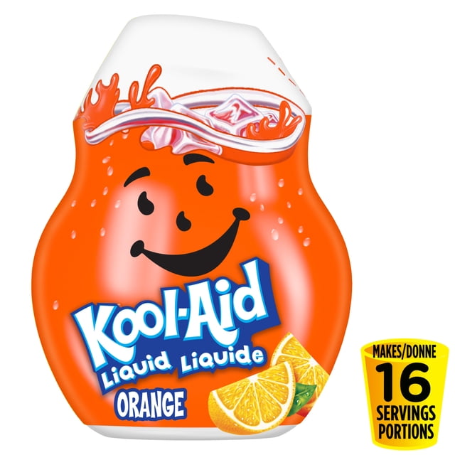 Kool-Aid Orange Liquid Drink Mix 48 mL squeeze bottle shaped like the Kool-Aid Man with a smiling face, white cap, and orange slice graphics, making 16 servings of orange-flavoured liquid drink mix suitable for quick, on-the-go hydration.