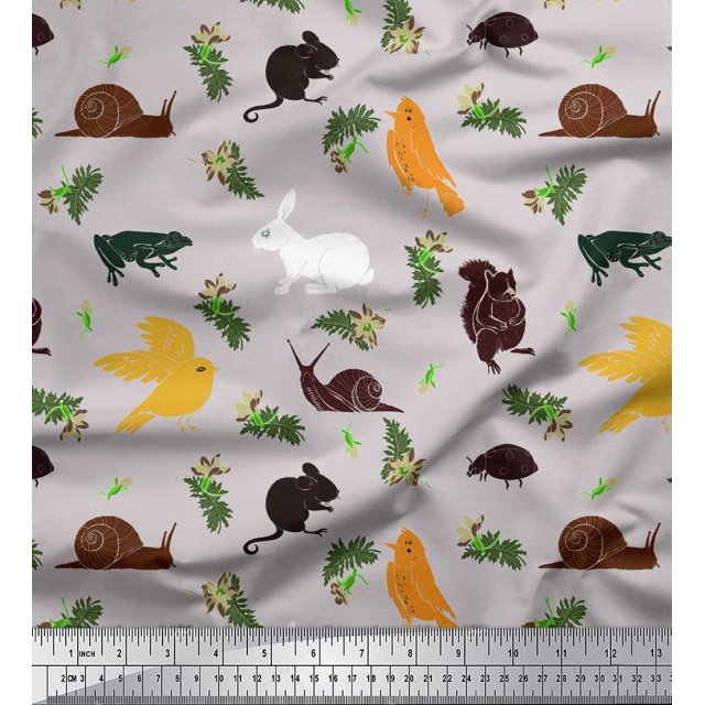 Soimoi Rayon Fabric Bird,Squirrel & Rabbit Animal Fabric Prints by Yard 56 Inch Wide