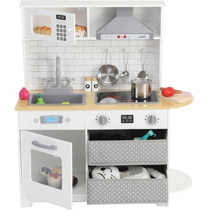 Twister.CK 33.4" Jouer cuisine pour les enfants, en bois jeu de cuisine avec des accessoires de cuisine, Micro-ondes jouet cadeau de cuisine pour garçons filles Age 3-8, blanc
