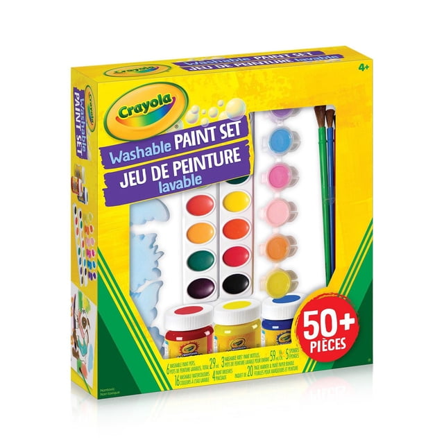 Crayola Washable Paint Set with over 50 pieces including 3 bottles of washable paint (59 ml each), 6 paint pots (29 ml each), 16 watercolour paints, 4 brushes, 5 die-cut sponges, and 20 sheets of paper, suitable for kids 4+ for creative arts and crafts projects.