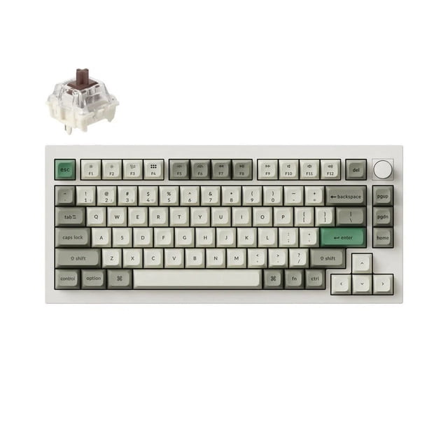Keychron Q1 Max Hotswap Wireless Mechanical Keyboard with RGB backlighting and aluminum shell white frame, 75% layout with green and gray double-shot PBT keycaps, white knob, and Gateron Jupiter Brown switches shown separately, suitable for multitasking across devices.