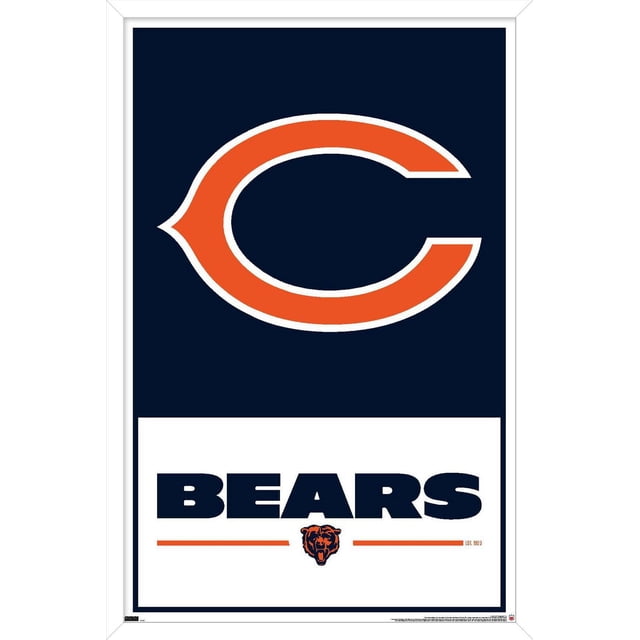 NFL Chicago Bears - Logo 21 Wall Poster, 22.375" x 34" framed, displaying a centered orange 'C' logo outlined in white on a navy blue background above bold navy 'BEARS' text on a white panel with an orange bear head logo and horizontal orange lines, ideal for home or office wall decor.