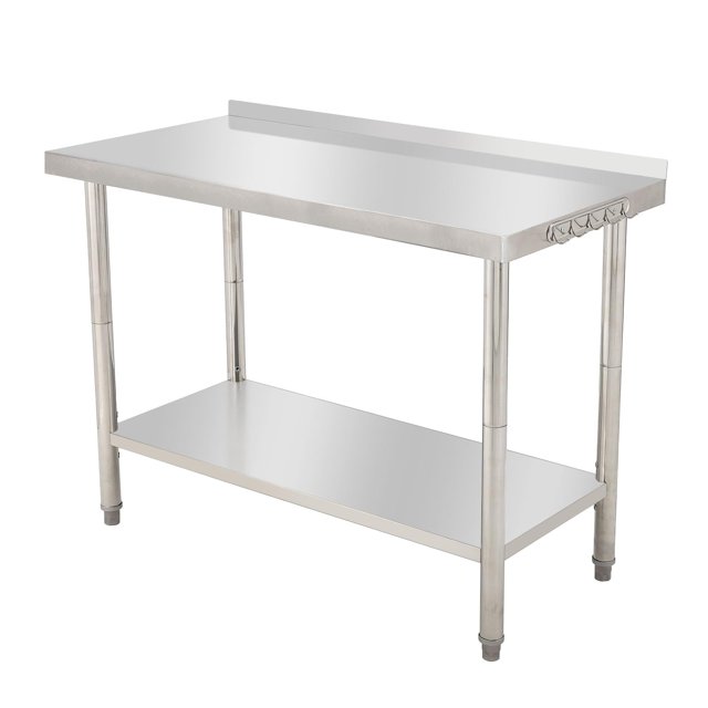 BeesClover Table en Acier Inoxydable pour Préparation et Travail avec Dosseret, Table de Cuisine Robuste avec Tablette et Pied Réglables pour Restaurant, Maison et Hôtel