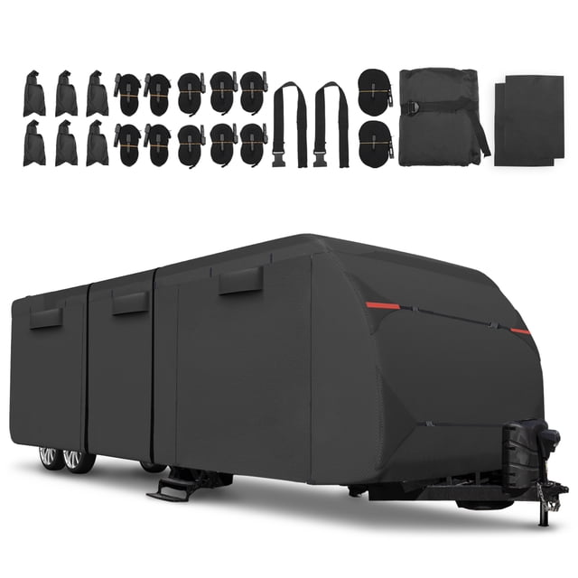 Unique Bargains 1 Set Waterproof RV Travel Trailer Cover Fits 27'-30' with Extra Windproof Ropes and Gutter Covers, Black