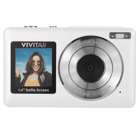 Vivitar PopSnap Duo 56MP Digital Camera Zoom numérique avec doubles écrans, vidéo 2,7K, batterie rechargeable, compatible avec carte microSD, blanc
