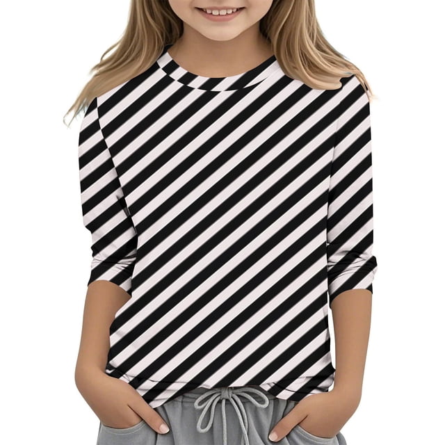 MeetoTime T-Shirt à Manches 3/4 Rayé Imprimé pour Enfants Col Rond Décontracté Ample Blouses pour Garçons Filles 3-12 Ans