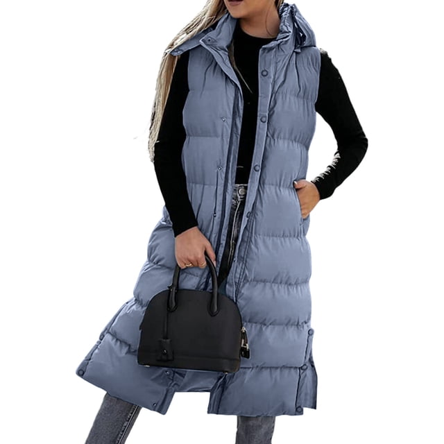 jsaierl Long Puffer Vest Women Button Down Sleeveless Hooded Jacket Overcoat Solid Color Side Slit Winter Parka Coat