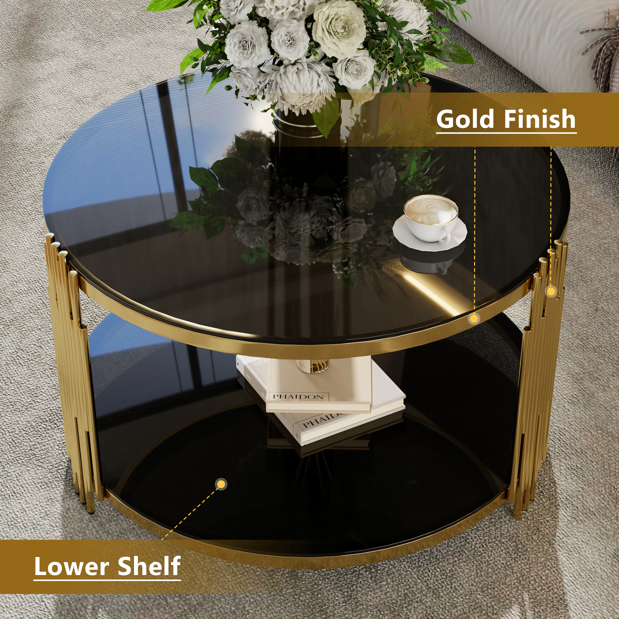 Table basse moderne en verre Noble House 31,5 po, fini doré, noir et or