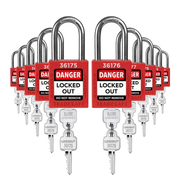 TRADESAFE Lockout Tagout Locks Set - 10 Red Loto Locks, Lockout Locks Keyed Different, 2 Keys Per Lock, OSHA Compliant Lock Out Tag Out Padlocks, Safety Padlocks for
