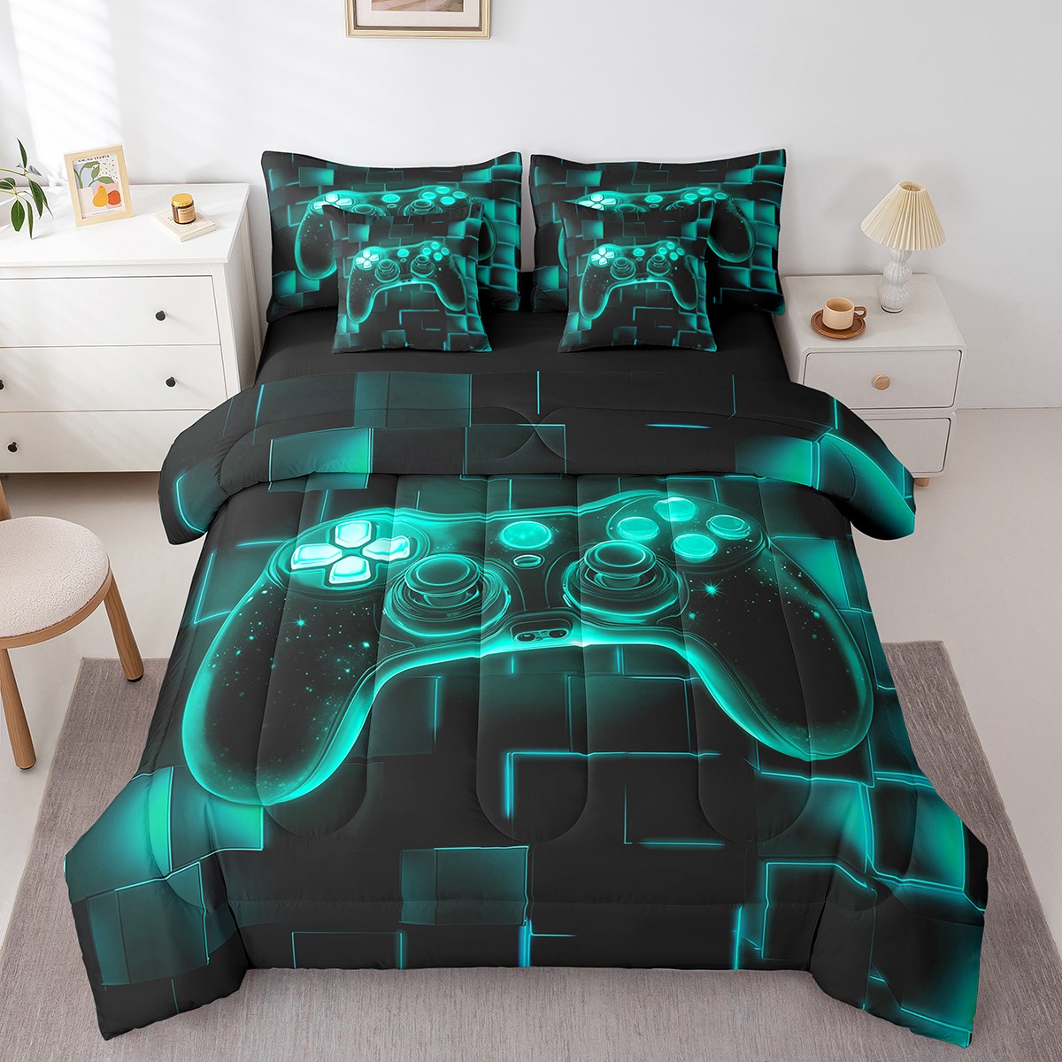YST 7Pcs Kids Gamer Comforter Set Queen, Gaming Bedding Comforter Set, Video Games Gamepad Bed In A Bag Neon Glowing Square Geometric Grid Teal Bed Sets With Comforter And Sheets