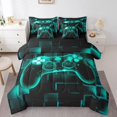thumbnail image 1 of YST 7Pcs Kids Gamer Comforter Set Queen, Gaming Bedding Comforter Set, Video Games Gamepad Bed In A Bag Neon Glowing Square Geometric Grid Teal Bed Sets With Comforter And Sheets, 1 of 1