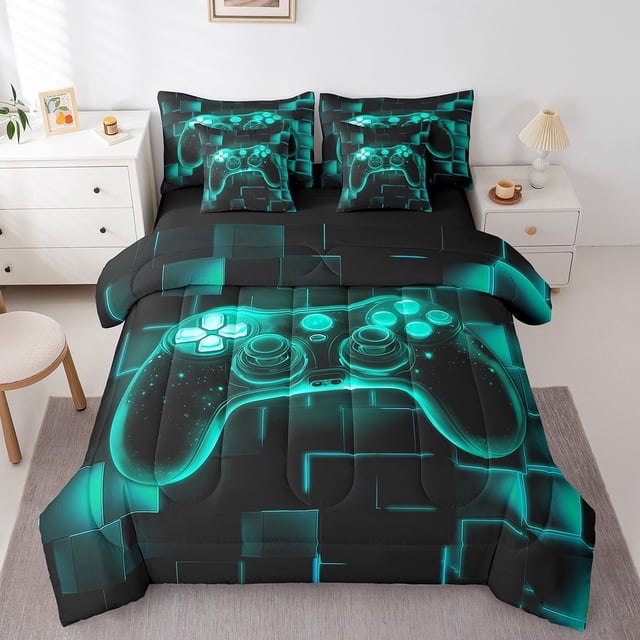 YST 7Pcs Kids Gamer Comforter Set Queen, Gaming Bedding Comforter Set, Video Games Gamepad Bed In A Bag Neon Glowing Square Geometric Grid Teal Bed Sets With Comforter And Sheets