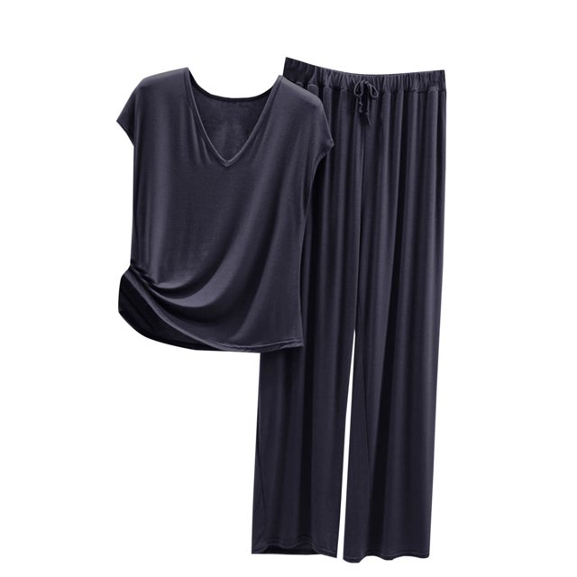 Yuyuzo Womens Pajama Set 2 Piece Short Sleeve V Neck Top Homewear Drawstring Pants Fall Comfy Pj Sets