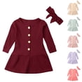 thumbnail image 1 of NJDVHB Robes d'Hiver pour Tout-Petits, Robe de Princesse pour Fillette, Robe de Fête pour Fille, Robe Décontractée à Manches Longues à Col Ras du Cou avec Boutons Unie pour Fille, Rouge, 130, 1 of 3