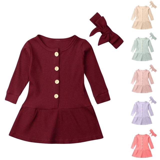 NJDVHB Robes d'Hiver pour Tout-Petits, Robe de Princesse pour Fillette, Robe de Fête pour Fille, Robe Décontractée à Manches Longues à Col Ras du Cou avec Boutons Unie pour Fille, Rouge, 130