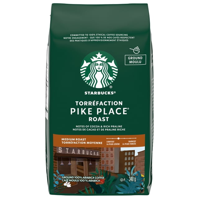 Pike Place Roast Ground Coffee by Starbucks, medium roast 340g bag with notes of cocoa and rich praline, featuring the Starbucks logo and Pike Place store illustration, made from 100% Arabica coffee beans, ideal for drip coffee makers, pour-overs, and coffee presses.