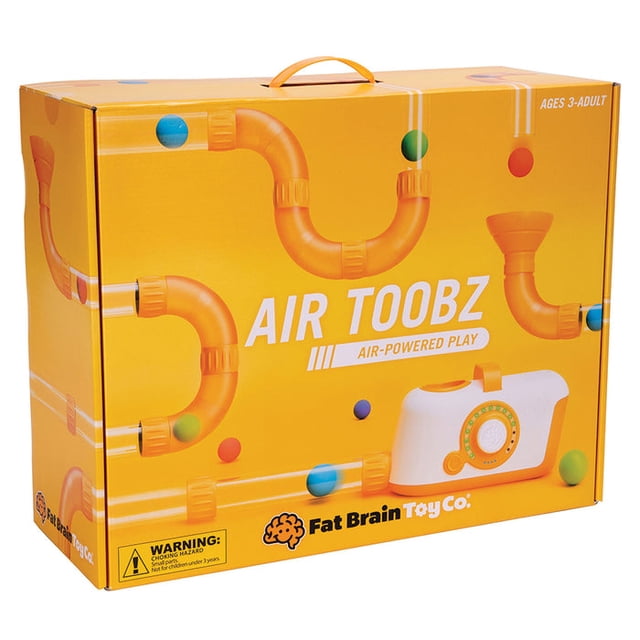Fat Brain Toys The Original Air Toobz - Air-Powered STEM Building Toy for kids and teens, shown in its packaging. The box features a vibrant yellow design with illustrations of modular tubes, foam balls, and the air-powered turbine. Suitable for ages 3 and up, this multicolour toy encourages creativity, STEM learning, and experimentation with airflow and physics. Includes a rechargeable battery with up to 3 hours of runtime.