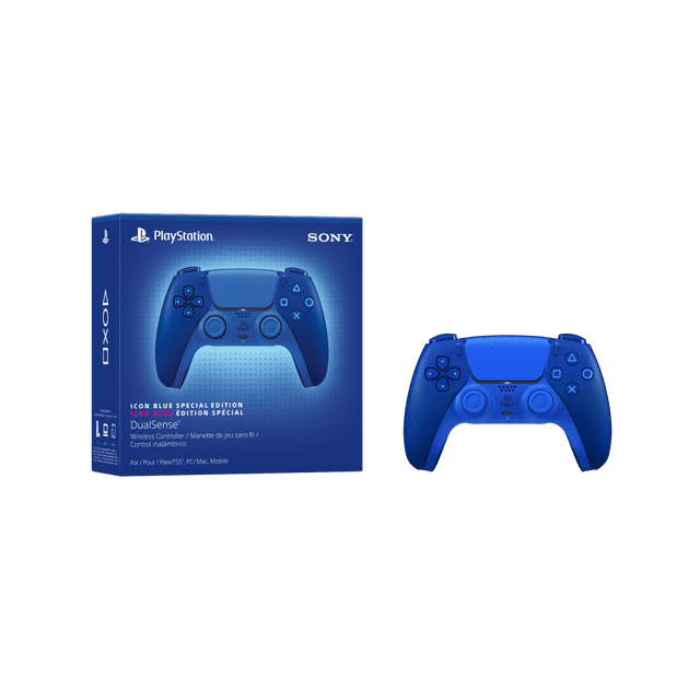 DualSense® Wireless Controller – Icon Blue Special Edition with its retail box, showing a front-facing blue and navy controller featuring PlayStation shapes on the touchpad, adaptive triggers, and haptic feedback for immersive gaming on PS5, PC, Mac, and mobile devices.