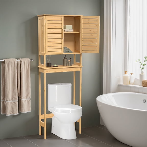 LEDREM over-the-Toilet Storage Cabinet with Adjustable Shelf,3-Tier Bathroom Rack with Doors and Open Shelf,Space-Saving Organizer,Natural Beige