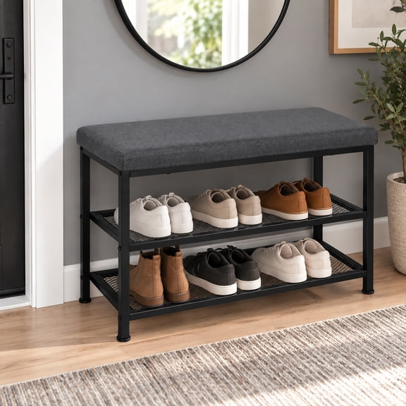 Banc de Rangement pour Chaussures Rembourré en Tissu, Étagère à Chaussures, Banc d'Entrée, Gris