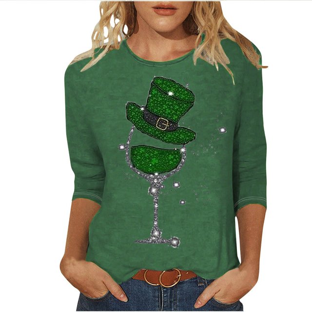 Besolor T-Shirts de la Saint-Patrick pour Femmes Imprimé Col Rond Manches 3/4 Tunique Décontractée Blouse d'Été Ample