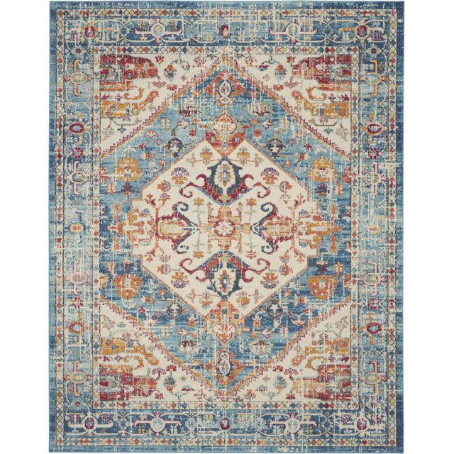 homeroots home decor 385552 7’ x 10’ Ivory and Light Blue Distressed Area Rug