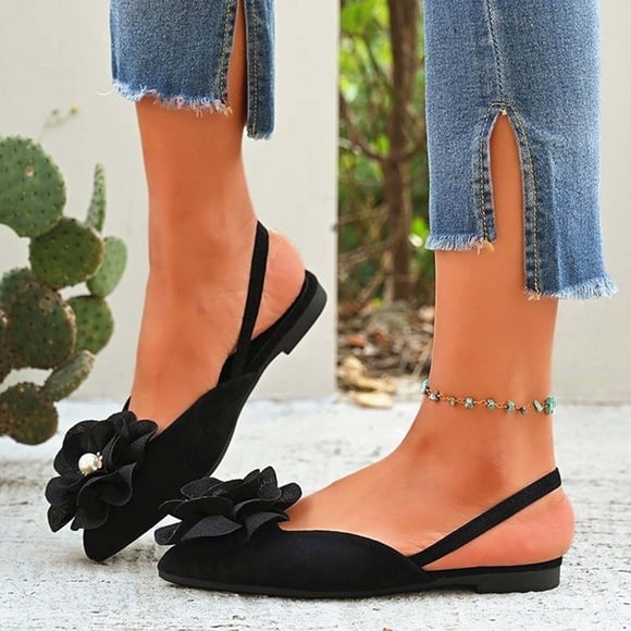 Fridja Sandales Larges pour Femmes Tendance Décontractées Pointues Fleur Printemps et Été Nouveau Style Sandales Plates à Enfiler Cadeaux de Festival (Noir,11)