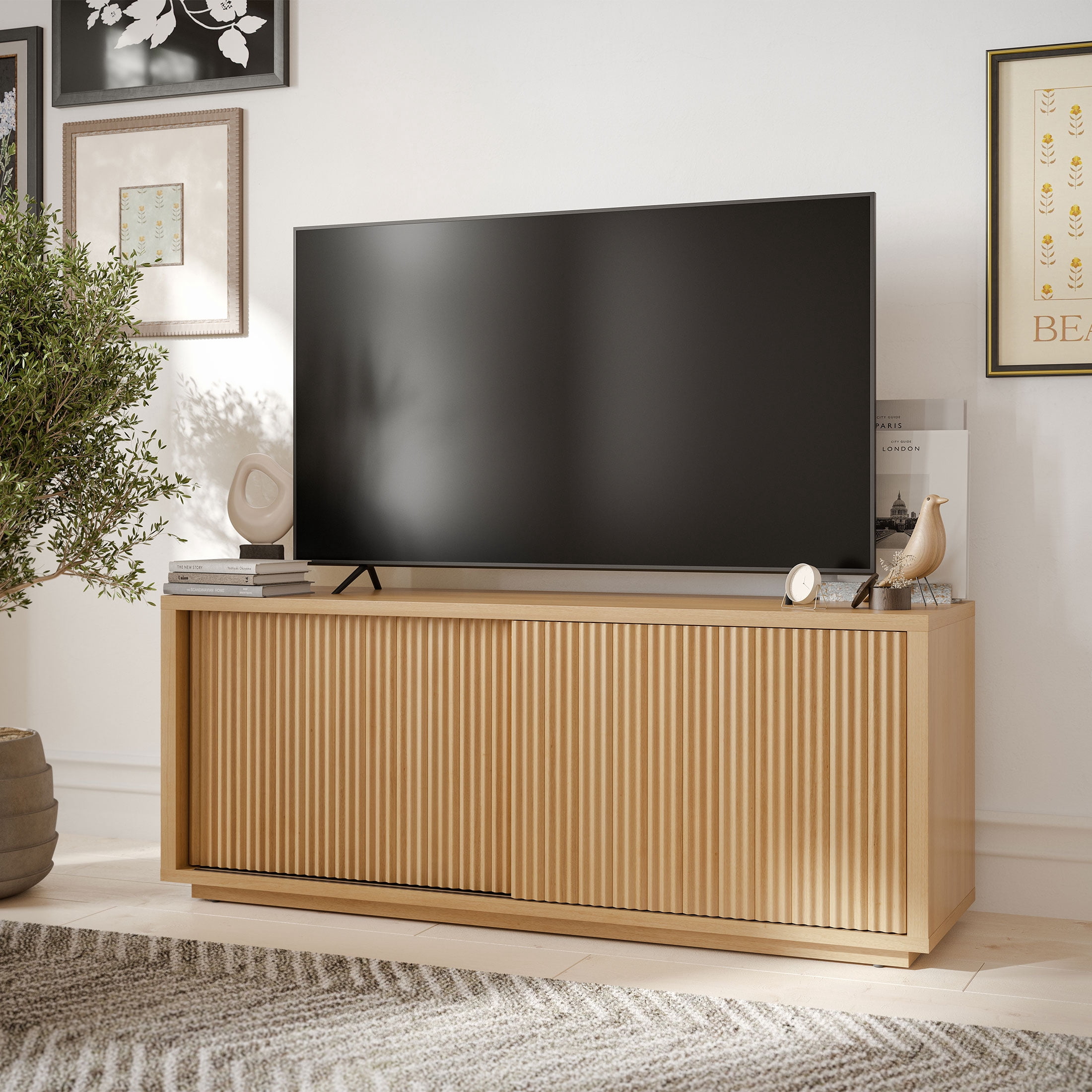 Beautiful Fluted TV Stand by Drew Barrymore, Warm Honey Finish