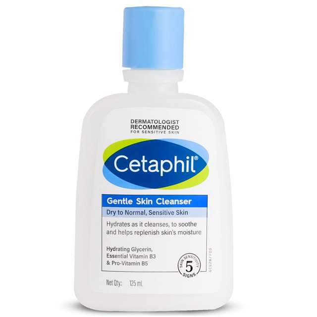 Cetaphil Gentle Skin Cleanser 125ml bottle featuring a white body and blue flip-top cap. The label emphasizes dermatologist recommendation for sensitive skin, hydration benefits, soap-free formula, and key ingredients like glycerin and vitamins B3 and B5.