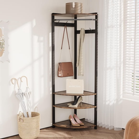 Ourlova Corner Coat Rack with Shoe Bench, Hall Tree with 6 Double Hooks, Hallway Storage Organizer