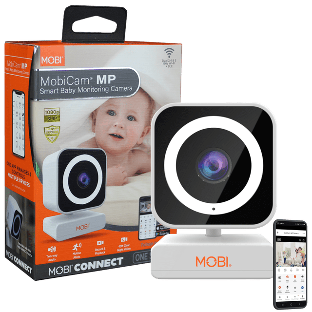 MobiCam MP Smart Baby & Nursery Monitoring Camera with dual-band 2.4 and 5 GHz Wi-Fi and BLE connectivity, featuring a compact square black and white design with a 3MP lens surrounded by a white ring, mounted on a white base with orange MOBI branding, shown with its retail box and a smartphone displaying the MOBI Smart app for live streaming, motion alerts, and two-way audio.