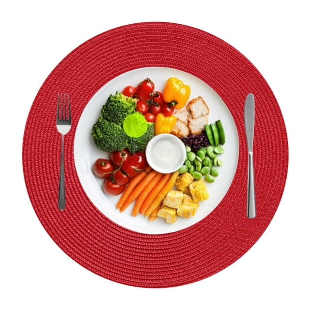 Djiypn Round Braided Placemats Set of 2, Washable Heat Resistant Cotton Polyester Circle Place Mats for Kitchen Dining Table - 38CM/15in, Red