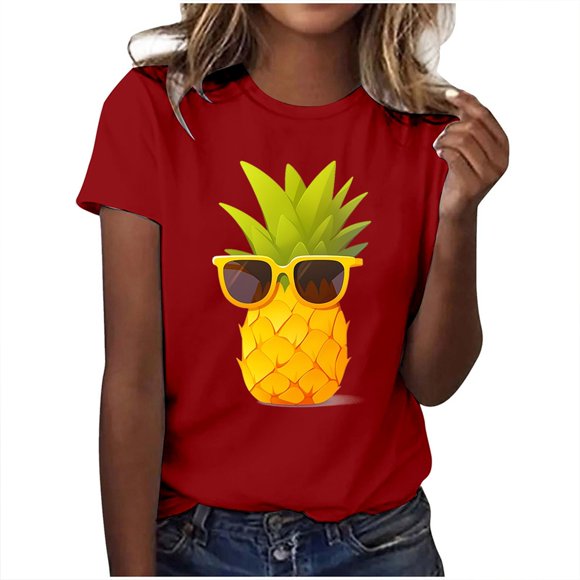 LUOGENLI Female T-shirts for Womens Ladies Fashion Casual Pineapple Print T Shirt Short Sleeve Top2 Womens T-shirts Graphic Tees Summer Clothes Red XL