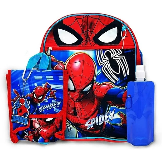 Spiderman Backpack with Lunch Bag & Water Bottle- 5 Piece School Backpack Set for Kids