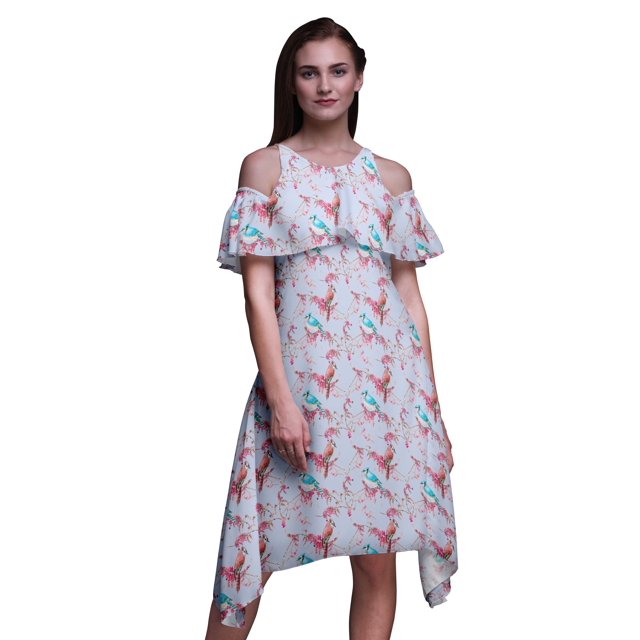 Bimba Robe Droite à Épaules Dénudées Style Chic pour Femmes à Imprimé d'Oiseaux Bleus Tunique d'Été - X-Small
