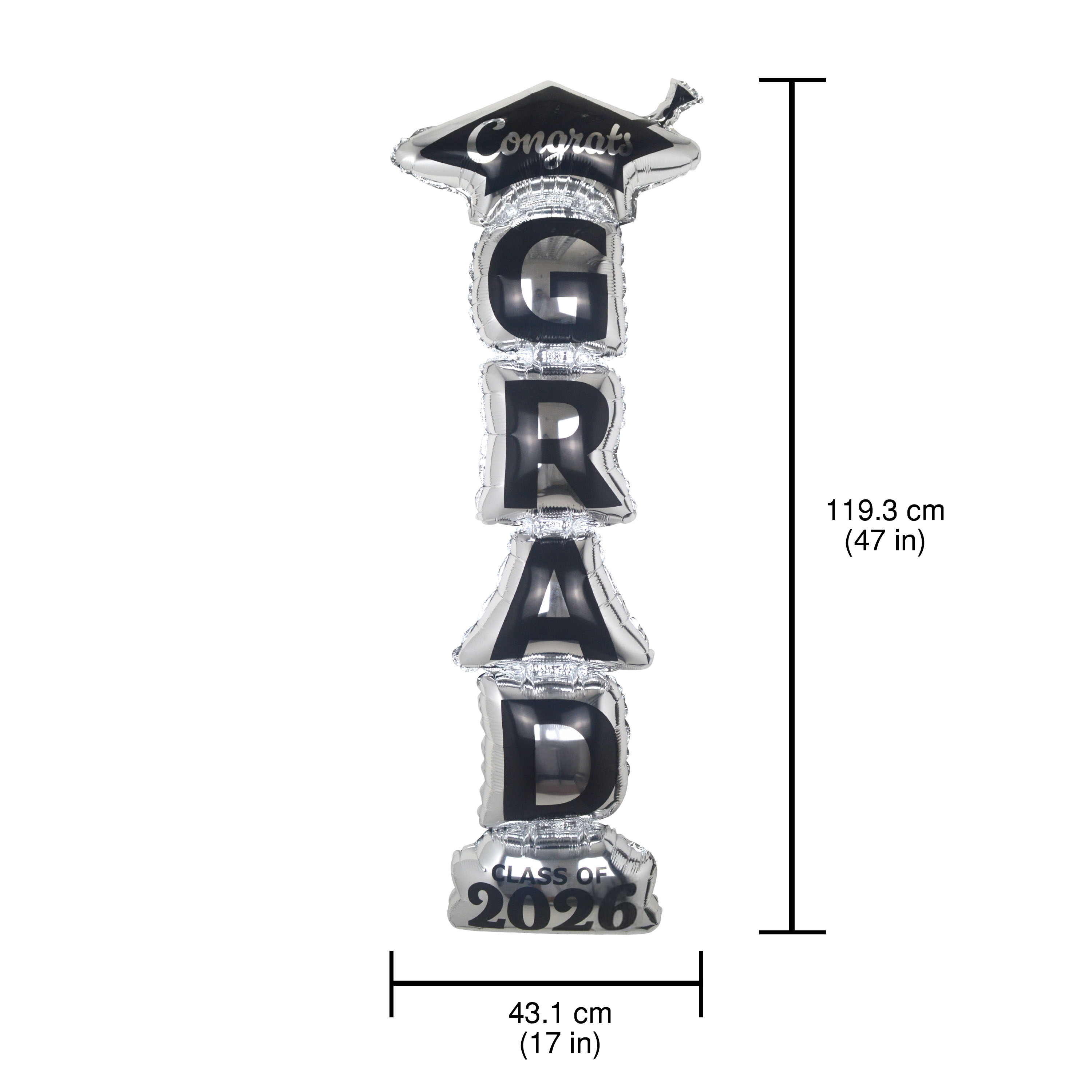 Ballon de remise de diplôme noir et argent (1 unité), 116 cm, nylon, adulte, décoration, remise de diplôme, marque Way To Celebrate