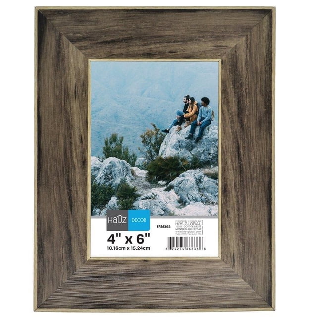 Hauz FRM368 Picture Frame 4X6'', Black, with a rustic wood-like texture and gold inner border. Designed for 4x6'' photos, it is displayed with an image of people on a rocky landscape. Suitable for home décor, creating photo galleries, or displaying art prints.