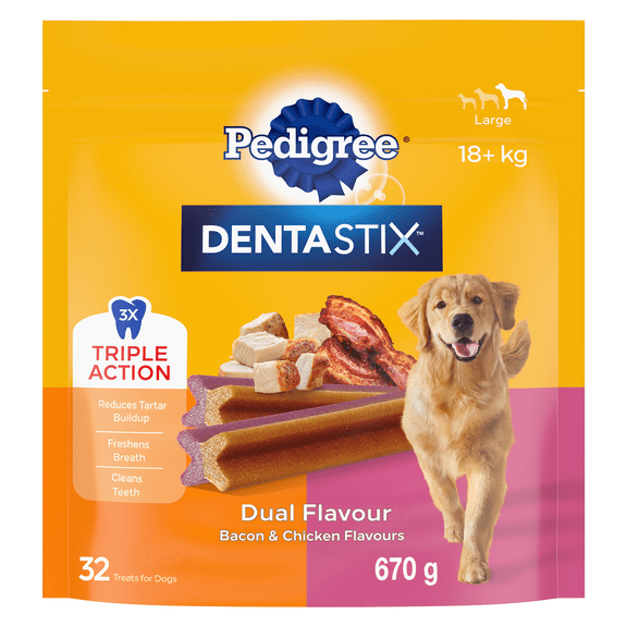 Pedigree Dentastix Oral Care Dual Flavour Bacon & Chicken Large Breed Adult Dog Treats, 32 Treats