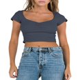 thumbnail image 1 of Women‘s Short Sleeve V Neck Crop Tops with Lace Trim  Ruched T-Shirts, 1 of 9