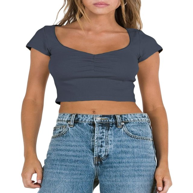 Women‘s Short Sleeve V Neck Crop Tops with Lace Trim Ruched T-Shirts