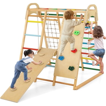 OLAKIDS Indoor Jungle Gym for Kids 8 in 1 Kids Wood Montessori Climber Playset with Slide Swing Climbing Net Monkey Bars Rope Ladder, Climbing Toys for Toddlers Boys Girls
