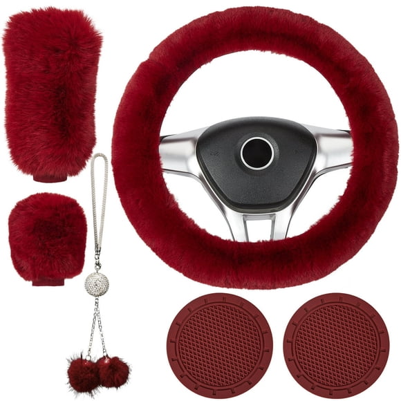 CHUANK 6 Piece Plush Car Accessories Set Plush Steering Wheel Cover Soft Fuzz Handbrake Gear Shift Cover Bling Mirror Ornament