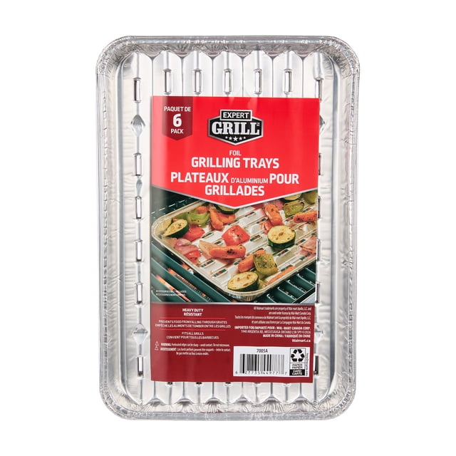 Expert Grill Plateaux de Grillade en Feuille, Lot de 6, en Aluminium Recyclé Robuste, Mesurant 13,5 par 9,25 Pouces avec une Hauteur de 1,75 Po, Conçus pour s'Adapter à Toutes les Grils et Empêcher les Aliments de Tomber à Travers les Grilles Tout en Favorisant la circulation de la Chaleur et de la Fumée, Empilés avec un Emballage Rouge Présentant des Légumes Grillés, Convenant Aussi à une Cuisson et à un transport Sans Dégâts.