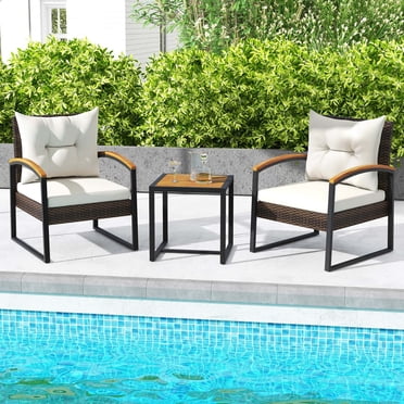 Costway Ensemble de Conversation de Patio 3 Pcs avec Table Basse Accoudoirs en Bois d'Acacia Massif Plateau Blanc